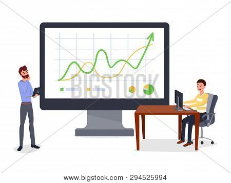 Business Presentation, Report Vector Illustration. Businessman And Personal Assistant Cartoon Charac