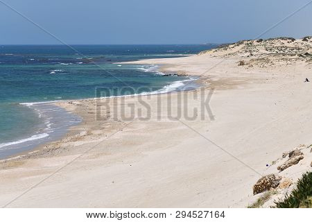 The Famous Beach Nearby Ruins Of The Ancient Roman Aqueduct In City Of Caesarea Maritima Are Located