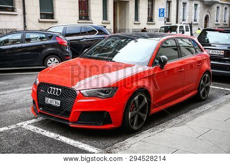 Geneva, Switzerland - March 13, 2019: Charged Hatchback Audi Rs3 Sportback In The City Street.