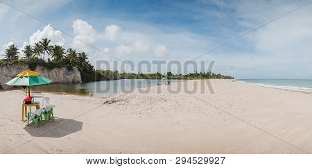 Panoramic View Of A Lagoon Called Maceio In Front Of The Sea Separated By A Sand Bank At Tabatinga B