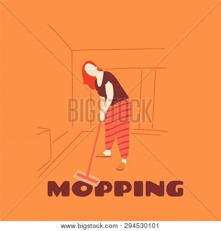 Cleaning Of Floors And Cleaning Of Rooms. A Woman With A Mop Wipes Dust And Dirt. Mopping In Home.