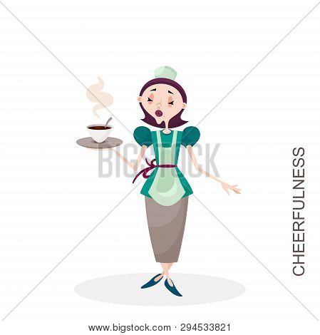 Character Maid Or Waitress. Young Beautiful Slim Woman With Painted Lips In Uniform Carries On Her P