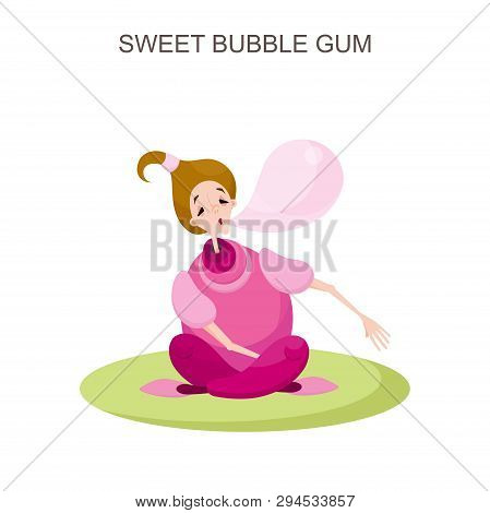 Rest Of The Character On The Lawn. A Young Teenage Girl In Pink Clothes Sits On The Grass And Inflat