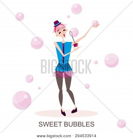 Character With Air Bubbles. Young Slim Beautiful Girl With Red Hairs And Lips In Leggings And Waistc