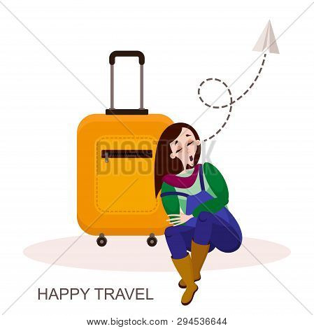 Ride, Trip. Character Traveler. A Young Tired Girl Dozed Off On Her Suitcase In The Airport Lounge O