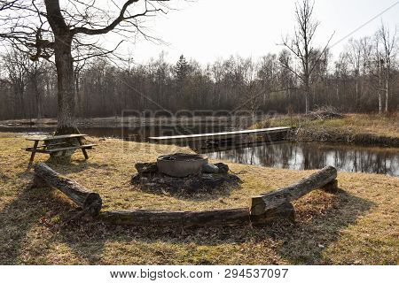 Idyllic Bbq Site By Lakeside In Early Springtime