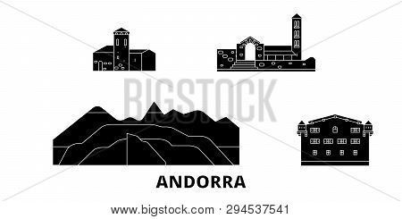 Andorra Flat Travel Skyline Set. Andorra Black City Vector Illustration, Symbol, Travel Sights, Land