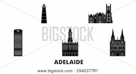 Australia, Adelaide Flat Travel Skyline Set. Australia, Adelaide Black City Vector Illustration, Sym