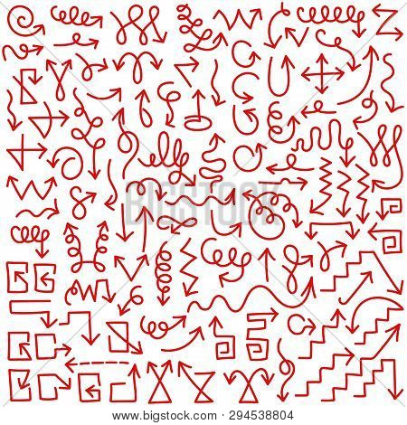 A Large Collection Of Various Arrows, Direction Or Motion Indicators, Cursors Drawn With A Red Felt-