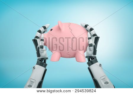 3d Rendering View From Above Of Robot Hands Holding Tight Piggy Bank Broken In Halves On Light-blue 