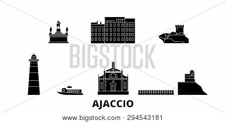 France, Ajaccio Flat Travel Skyline Set. France, Ajaccio Black City Vector Illustration, Symbol, Tra