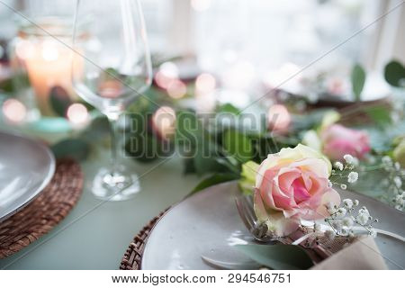 Romantic Festive Table Decoration For A Wedding Celebration With Bokeh And Short Depth Of Field