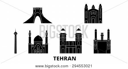 Iran, Tehran Flat Travel Skyline Set. Iran, Tehran Black City Vector Illustration, Symbol, Travel Si