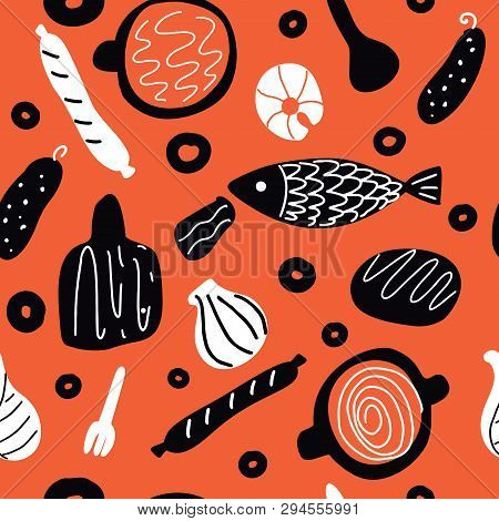Hand Drawn Vector Seamless Foodpattern In Scandinavian Style.