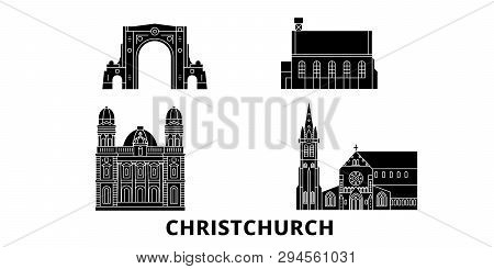 New Zealand, Christchurch Flat Travel Skyline Set. New Zealand, Christchurch Black City Vector Illus