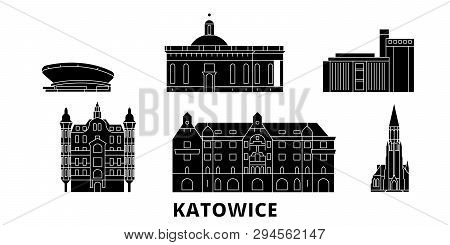 Poland, Katowice Flat Travel Skyline Set. Poland, Katowice Black City Vector Illustration, Symbol, T