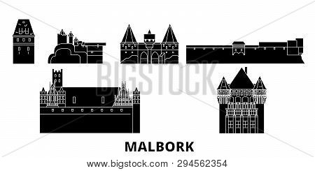 Poland, Malbork Flat Travel Skyline Set. Poland, Malbork Black City Vector Illustration, Symbol, Tra