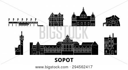 Poland, Sopot Flat Travel Skyline Set. Poland, Sopot Black City Vector Illustration, Symbol, Travel 