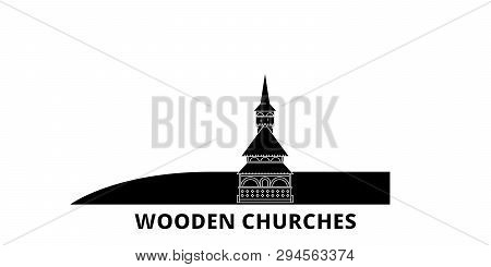 Romania, Maramures, Wooden Churches Flat Travel Skyline Set. Romania, Maramures, Wooden Churches Bla