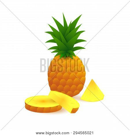 Ripe Pineapple And Slices. Whole Pineapple On White Background. Can Be Used For Topics Like Summer, 