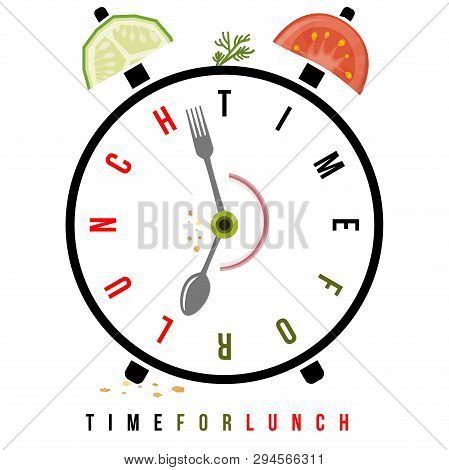 Time For Lunch, Healthy Food On Breakfast Alarm At 7 Am. Conceptual Vector Alarm Clock With Stylized