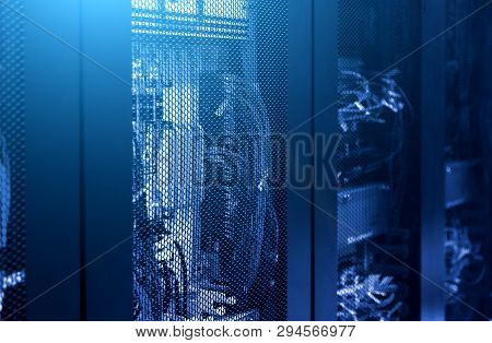Close Up Communication Center With Base Stations Of Cellular Data Terminal. Blue Toning. Radio Stati