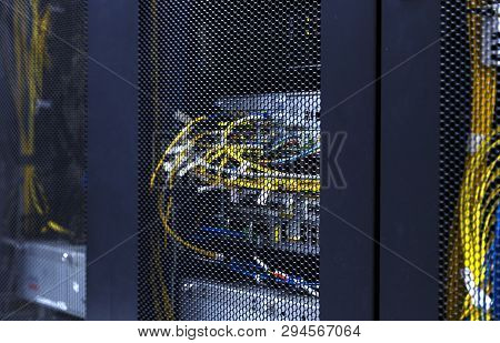 Close Up Optic Cables And Wires Connection Of Cellular Data Terminal. Server Equipment For Cellular 