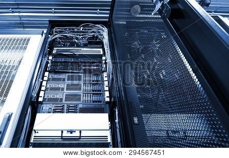 Cell Equipment Module Of Cellular Data Terminal At Work. Radio Station Interior With Technical Row.