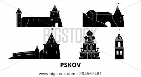 Russia, Pskov Flat Travel Skyline Set. Russia, Pskov Black City Vector Illustration, Symbol, Travel 
