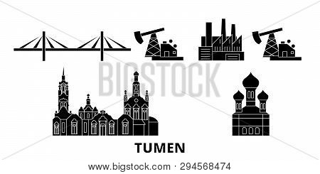 Russia, Tumen Flat Travel Skyline Set. Russia, Tumen Black City Vector Illustration, Symbol, Travel 