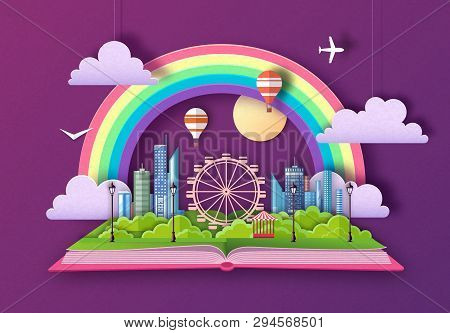Open Fairy Tale Book With City Landscape And Ferris Wheel. Cut Out Paper Art Style Design