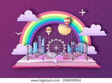 Open Fairy Tale Book With City Landscape And Ferris Wheel. Cut Out Paper Art Style Design