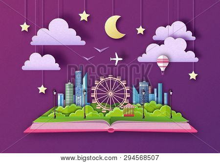 Open Fairy Tale Book With City Landscape And Ferris Wheel. Cut Out Paper Art Style Design