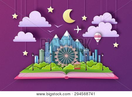 Open Fairy Tale Book With City Landscape, Ferris Wheel And Mountains. Cut Out Paper Art Style Design