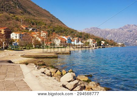 Beautiful  Mediterranean Landscape On Sunny Spring Day.  Montenegro, Adriatic Sea. View Of Kotor Bay