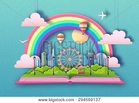 Open Fairy Tale Book With City Landscape And Ferris Wheel. Cut Out Paper Art Style Design