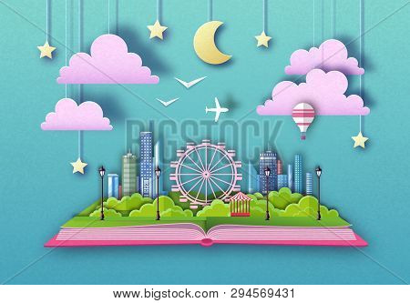 Open Fairy Tale Book With City Landscape And Ferris Wheel. Cut Out Paper Art Style Design
