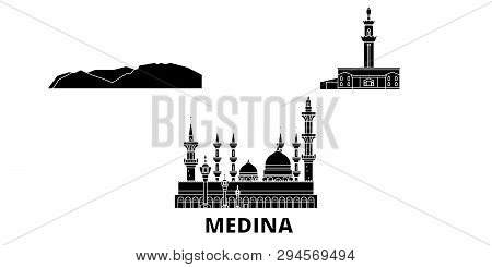 Saudi Arabia, Medina Flat Travel Skyline Set. Saudi Arabia, Medina Black City Vector Illustration, S