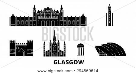 Scotland, Glasgow City Flat Travel Skyline Set. Scotland, Glasgow City Black City Vector Illustratio