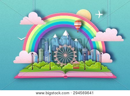Open Fairy Tale Book With City Landscape, Ferris Wheel And Mountains. Cut Out Paper Art Style Design