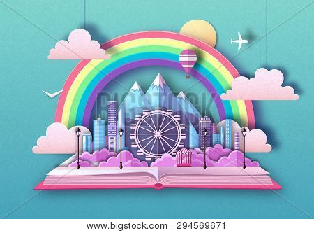 Open Fairy Tale Book With City Landscape, Ferris Wheel And Mountains. Cut Out Paper Art Style Design