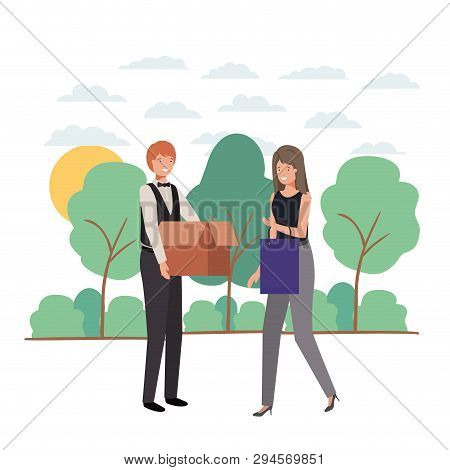 Cuople With Cardboard Box And Shopping Bag In Landscape Vector Illustration Desing