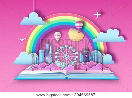 Open Fairy Tale Book With City Landscape And Ferris Wheel. Cut Out Paper Art Style Design