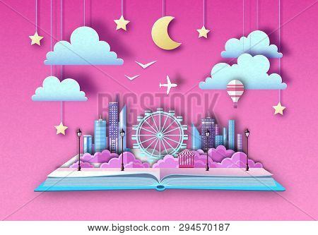 Open Fairy Tale Book With City Landscape And Ferris Wheel. Cut Out Paper Art Style Design