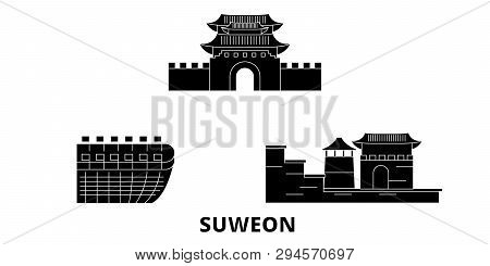 South Korea, Suweon Flat Travel Skyline Set. South Korea, Suweon Black City Vector Illustration, Sym
