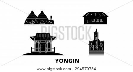 South Korea, Yongin Flat Travel Skyline Set. South Korea, Yongin Black City Vector Illustration, Sym