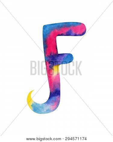 Hand Painted Watercolor English Letter F Whit Gentel Pink, Blue, Purple And Yellow Splashes