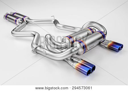Tuning Exhaust System For A Sports Car. Car Muffler, Exhaust Silencer On A White Background