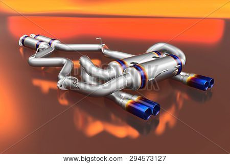 Tuning Exhaust System For A Sports Car. Car Muffler, Exhaust Silencer On A Multicolor Background