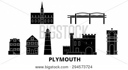 United Kingdom, Plymouth Flat Travel Skyline Set. United Kingdom, Plymouth Black City Vector Illustr